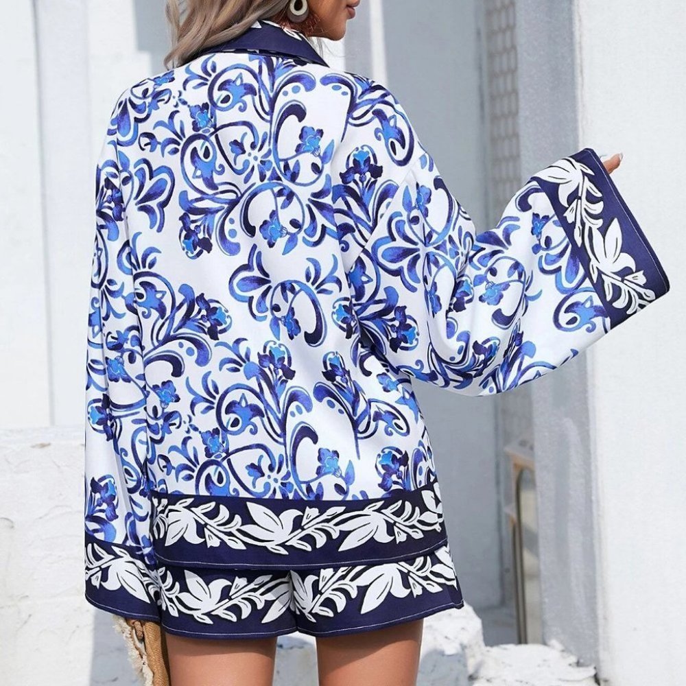 Blue Preppy Womens Floral Print Drop Shoulder Shirt & Shorts - Picture 3 of 5